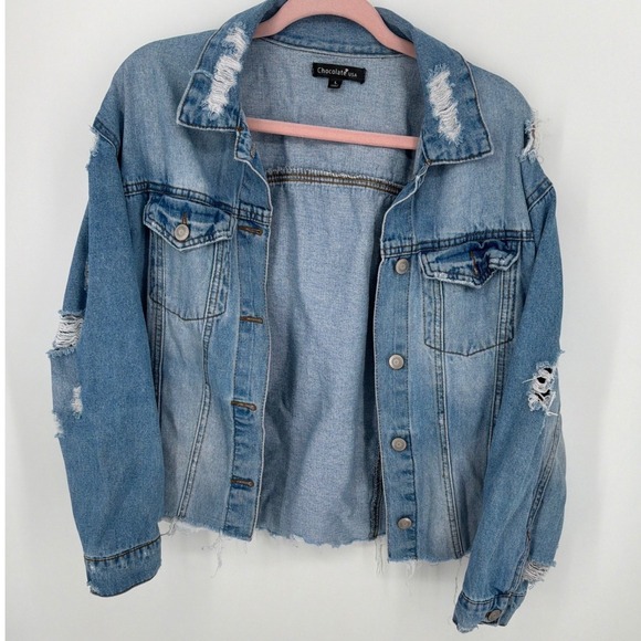 Chocolate Usa Jackets & Blazers - Chocolate USA Large Distressed Denim Jacket Raw Hem Cotton
